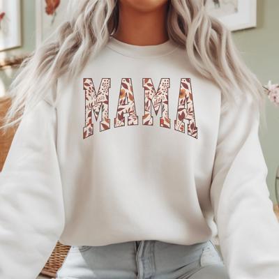 Mama Autumn Lettering Fall - Cozy Crew Neck Sweatshirt, Retro Floral Print Top, Cute Neutral Thanksgiving Shirt, Gift for Moms and Fall Lovers