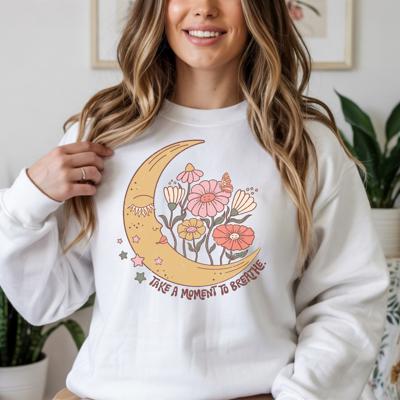 Take a Moment to Breathe - Boho Moon and Flowers Crew Neck Sweatshirt, Mindful Graphic Top, Positive Affirmation Shirt, Self Care Gift for Women