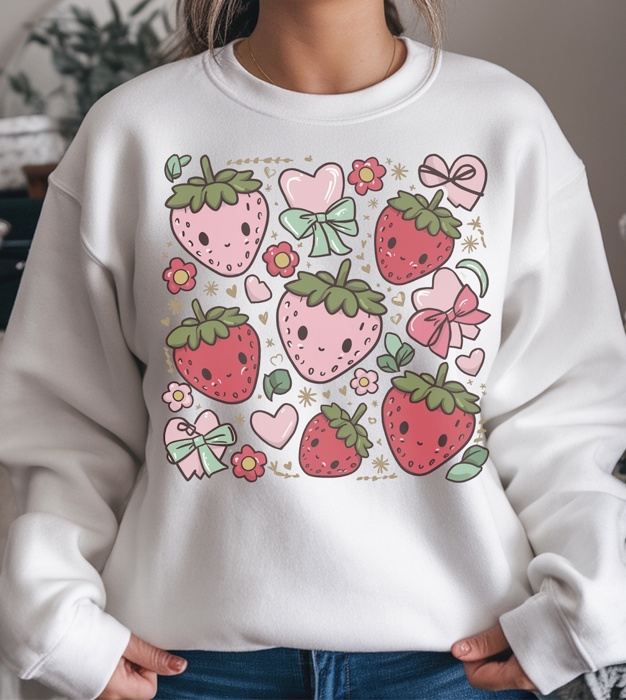 Boho Strawberry Cute Crewneck Sweatshirt – Aesthetic Retro Pullover, Trendy Fruit Graphic Top, Sweet Spring and Summer Outfit