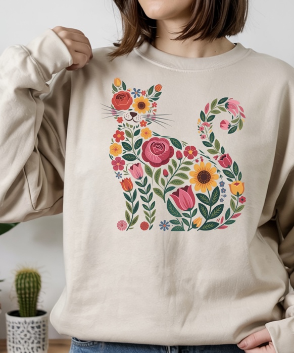 Floral Folk Cat Crewneck Sweatshirt – Boho Vintage Cat Lover Pullover, Whimsical Retro Floral Top, Cute Gift for Pet Moms