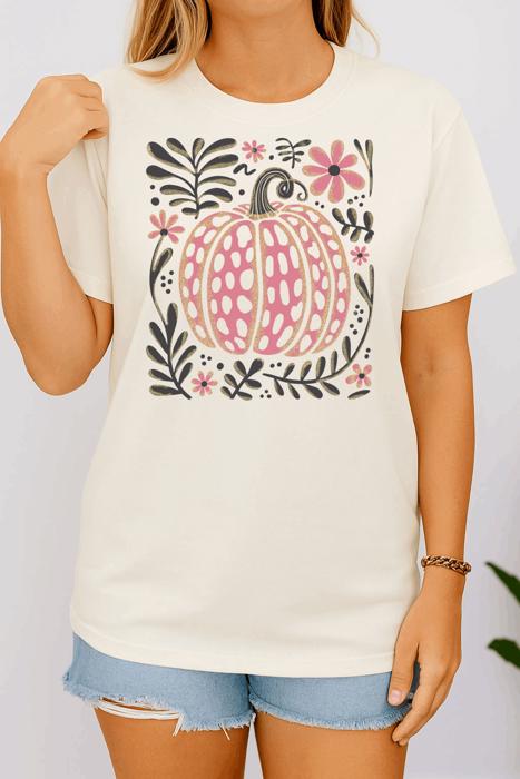 Boho Floral Pink Pumpkin Graphic Tee Cute Fall Autumn Harvest Thanksgiving T-Shirt