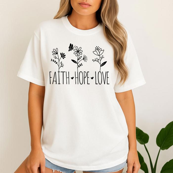 Faith Hope Love Flowers Graphic Tee Inspirational Christian Floral T-Shirt for Women