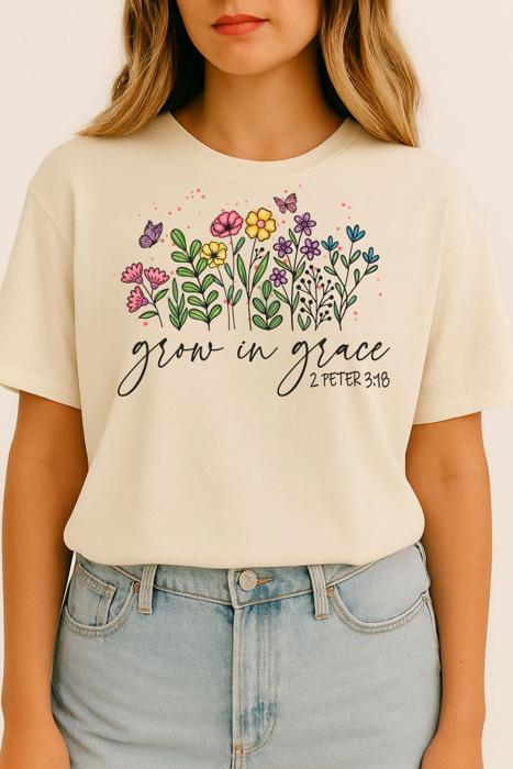 Grow in Grace Christian Graphic Tee 2 Peter 3:18 Bible Verse Shirt, Floral Faith T-Shirt for Women