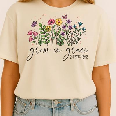 Grow in Grace Christian Graphic Tee 2 Peter 3:18 Bible Verse Shirt, Floral Faith T-Shirt for Women