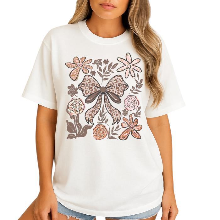 Coquette Fall Boho Graphic Tee Leopard Bow Aesthetic Floral Vintage T-Shirt