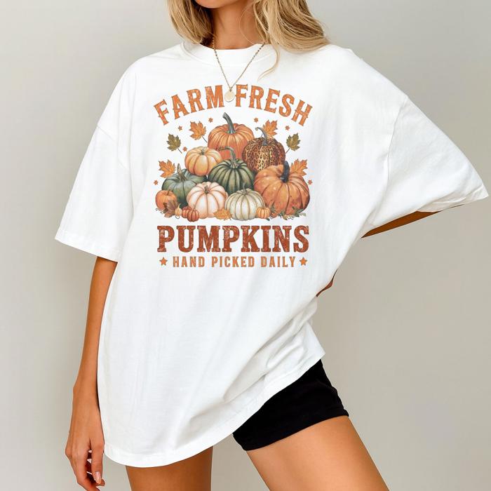 Farm Fresh Pumpkin Hand Picked Daily Trendy Fall Graphic Tee Vintage Autumn Harvest T-Shirt
