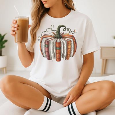 Fall Book Pumpkin Halloween Teacher Graphic Tee Cute Autumn Reading Lover T-Shirt