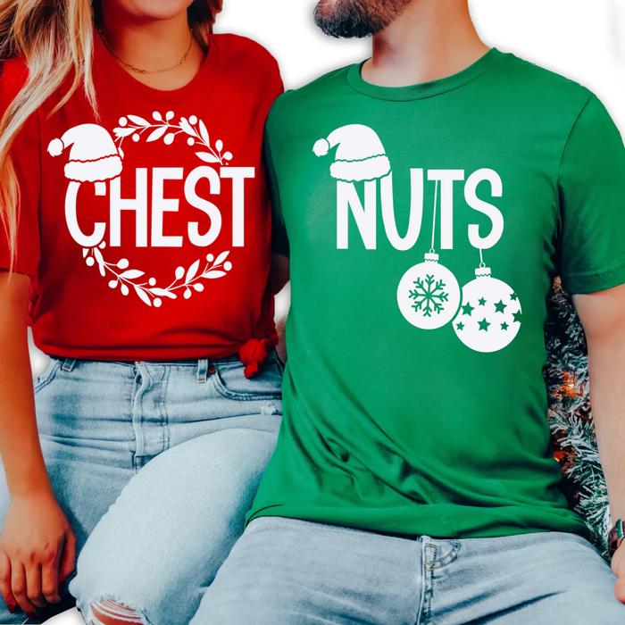Chest Nuts Chestnuts Funny Christmas Matching Couple Graphic Tees