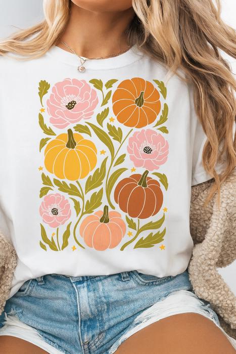 Retro Floral Coquette Pumpkins Graphic Tee Vintage Fall Aesthetic Shirt with Pink Flowers and Autumn Harvest Vibes