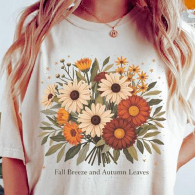 Fall Breeze Autumn Leaves Floral Graphic Tee Cozy Vintage Fall Aesthetic T-Shirt