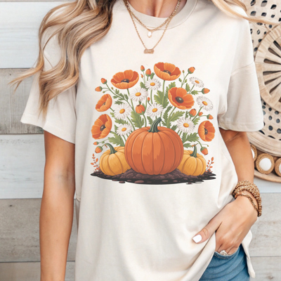 Pumpkin Floral Fall Graphic Tee Autumn Poppies and Daisy Harvest Shirt for Women