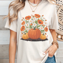  Pumpkin Floral Fall Graphic Tee Autumn Poppies and Daisy Harvest Shirt for Women