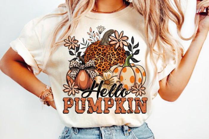 Hello Pumpkin Leopard Print Graphic Tee Fall Floral Autumn Thanksgiving T-Shirt