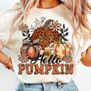  Hello Pumpkin Leopard Print Graphic Tee Fall Floral Autumn Thanksgiving T-Shirt