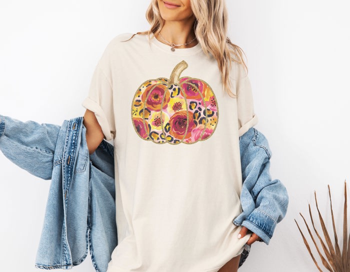 Floral Leopard Pumpkin Boho Graphic Tee Fall Autumn Thanksgiving T-Shirt, Retro Harvest Outfit