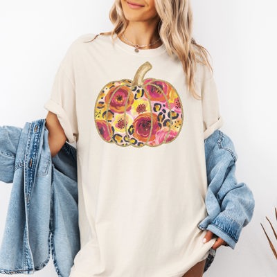 Floral Leopard Pumpkin Boho Graphic Tee Fall Autumn Thanksgiving T-Shirt, Retro Harvest Outfit