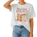  Read More Books- Cozy Fall Graphic Tee Book Lover T-Shirt Cute Reading Gift Bookworm Aesthetic Top for Women