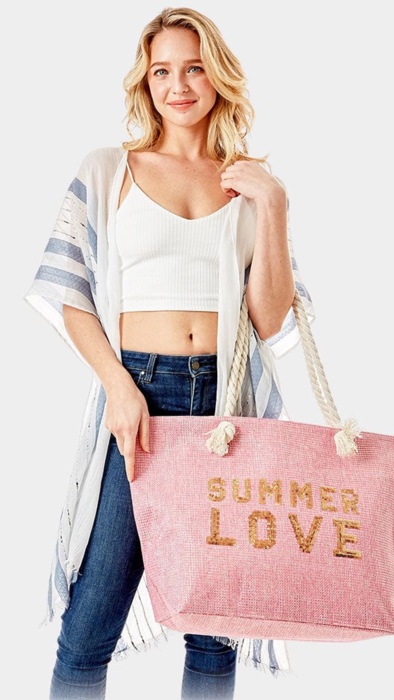 Summer Love Glitz Beach Tote Bag – Oversized Sequin Message Bag with Rope Handles