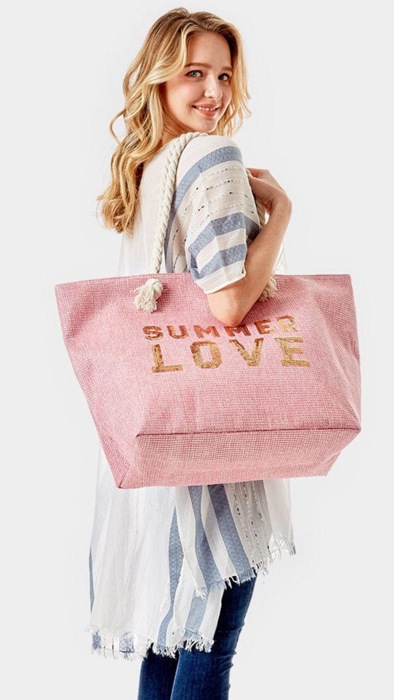 Summer Love Glitz Beach Tote Bag – Oversized Sequin Message Bag with Rope Handles