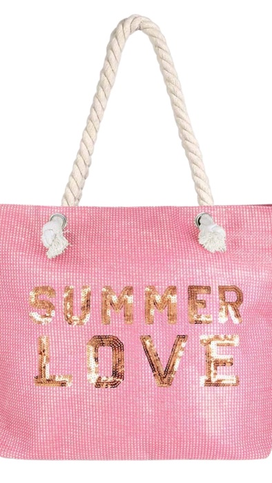 Summer Love Glitz Beach Tote Bag – Oversized Sequin Message Bag with Rope Handles