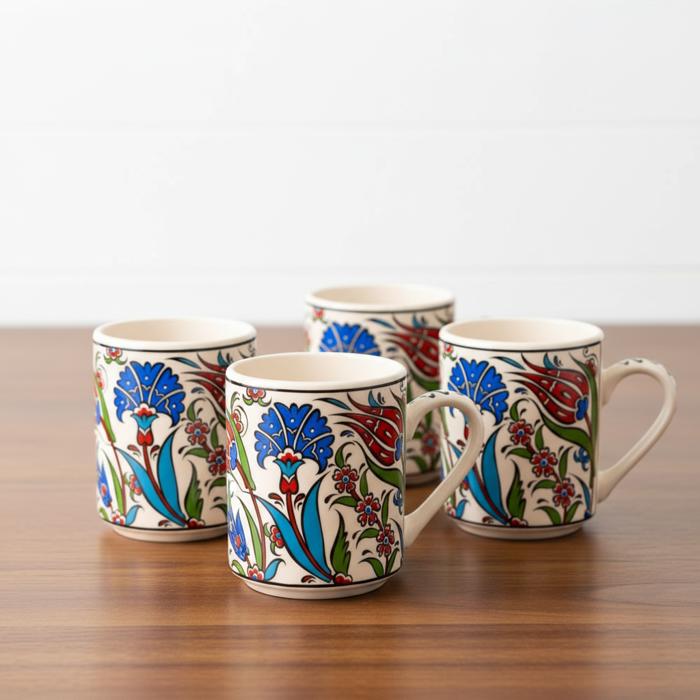 Boxed Gift Set of 4 Handmade Mugs - Turkish Flowers, Hand Painted