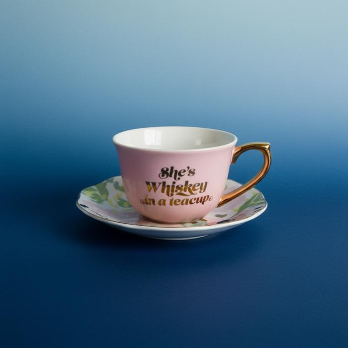 She's Whiskey in a Tea Cup and Saucer Set in Pink and Floral