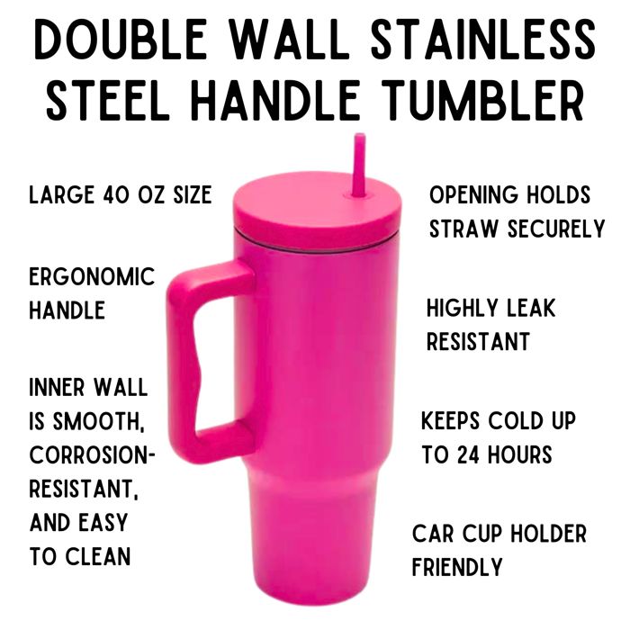 40 oz Raspberry Monochrome Tumbler with Handle and Straw Lid | Cup Holder Friendly Insulated Stainless Steel Travel Mug
