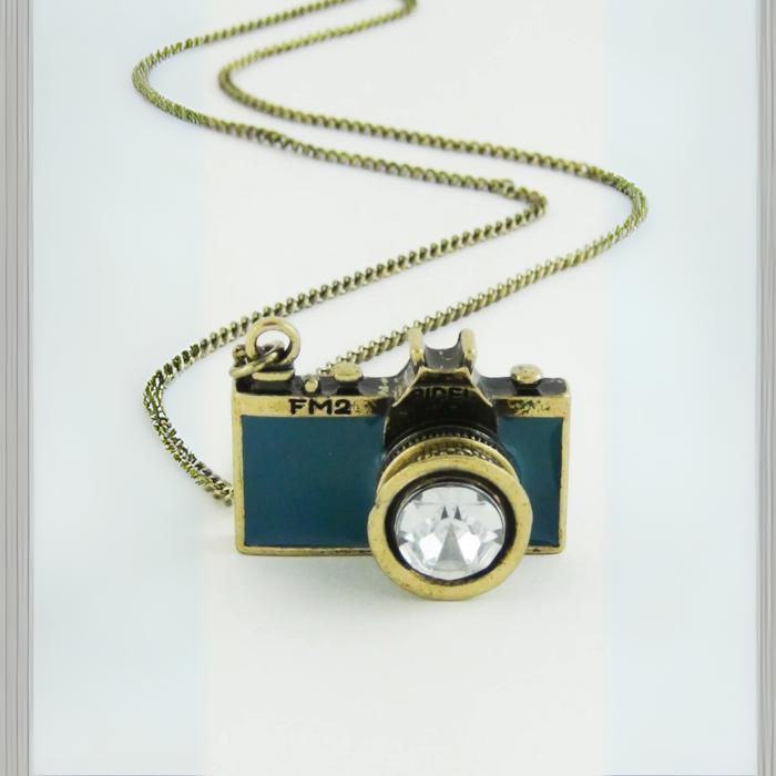 Vintage Camera Necklace in Teal | Antique Brass Long Chain 