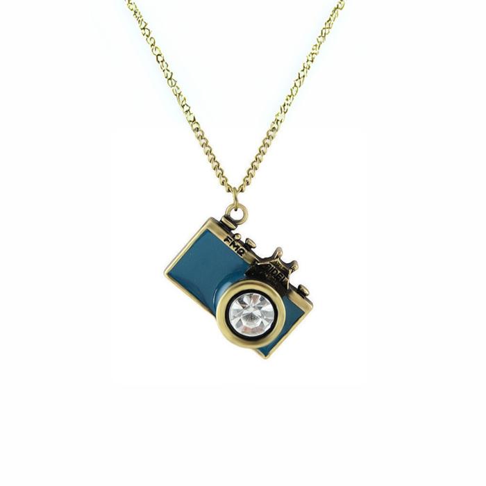 Vintage Camera Necklace in Teal | Antique Brass Long Chain 