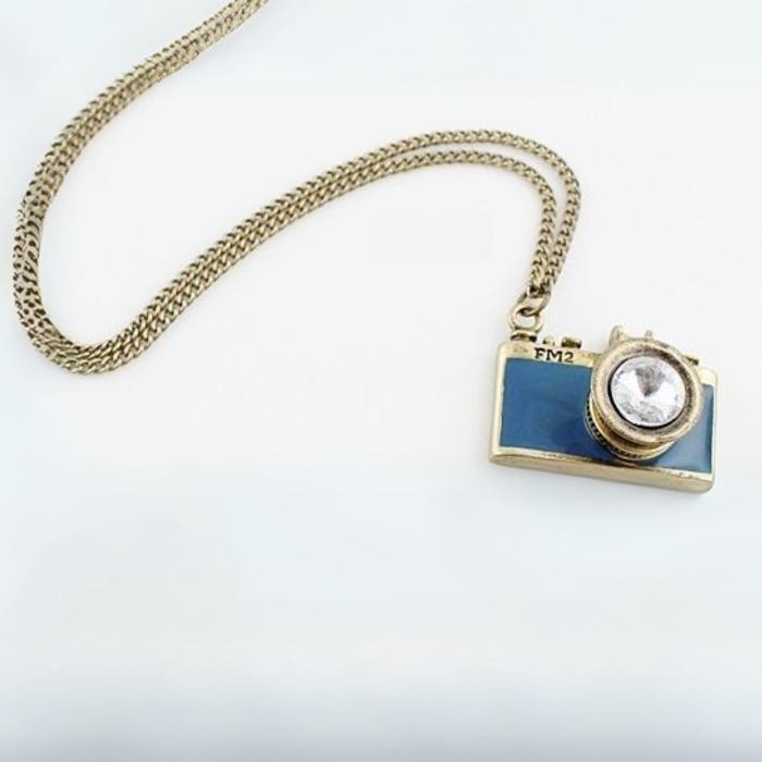 Vintage Camera Necklace in Teal | Antique Brass Long Chain 