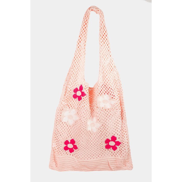 Hippie Boho Knitted Flower Tote | Floral Print Soft Shoulder Bag in Groovy Pink