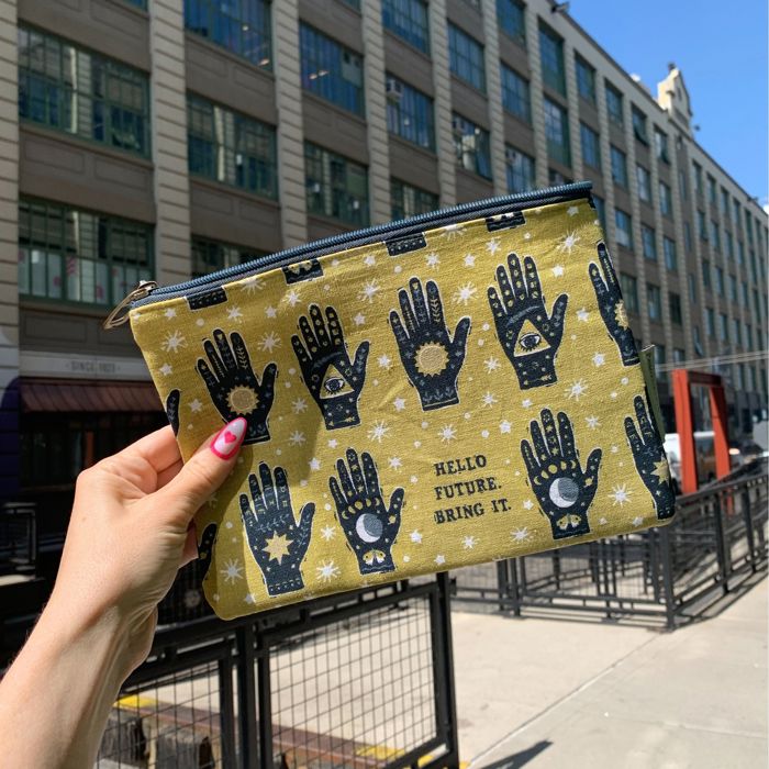 Hello Future Bring It Mystical Hand Zipper Pouch and Dish Tea Towel - All-Over Astrology Design in Yellow and Black