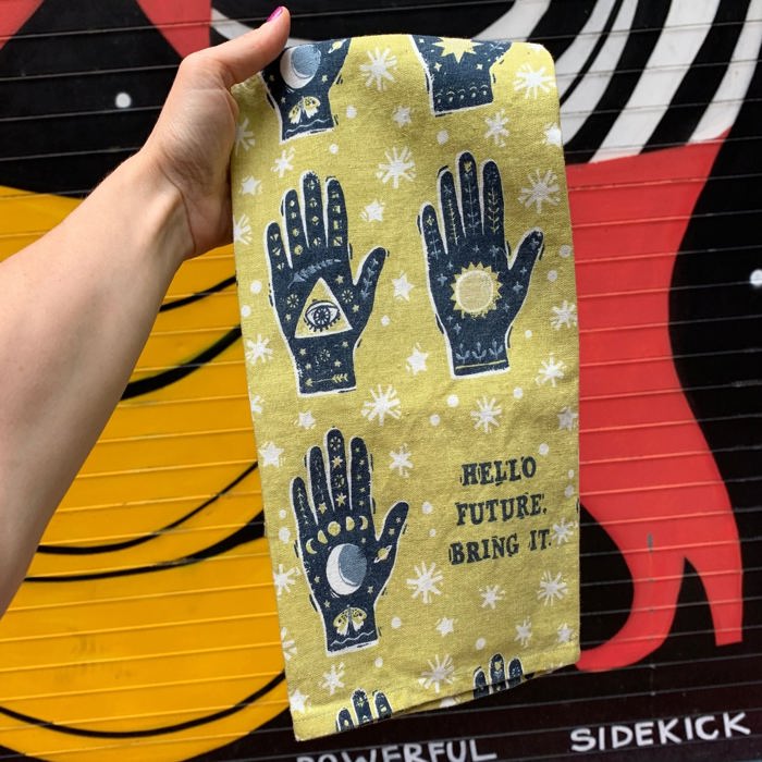 Hello Future Bring It Mystical Hand Zipper Pouch and Dish Tea Towel - All-Over Astrology Design in Yellow and Black