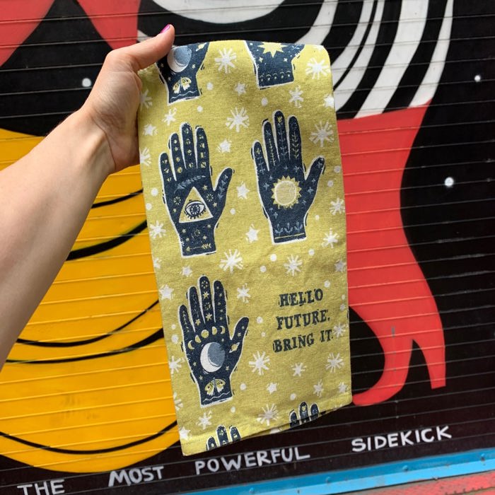 Hello Future Bring It Mystical Hand Zipper Pouch and Dish Tea Towel - All-Over Astrology Design in Yellow and Black