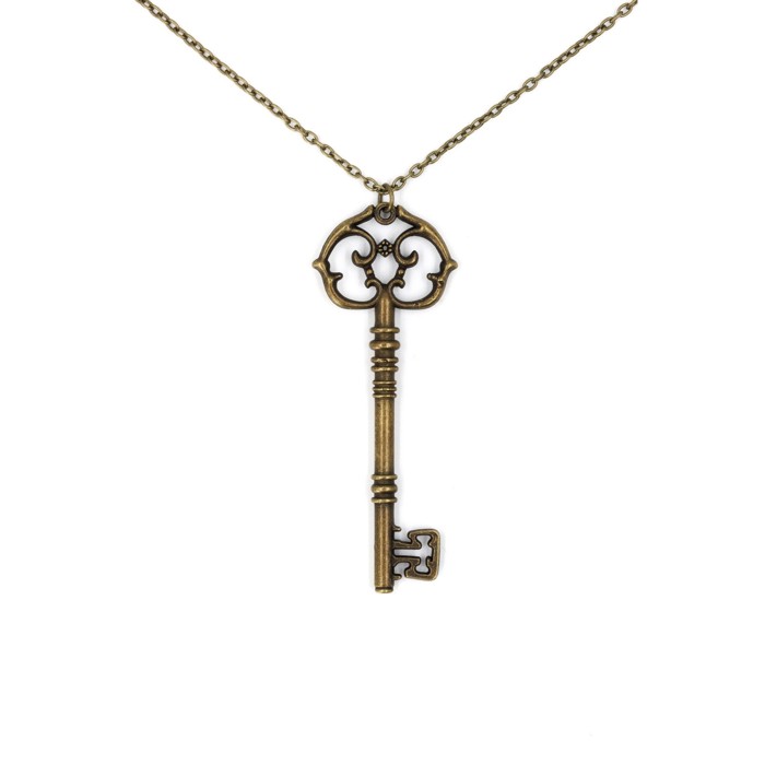 Antique Key Pendant Necklace | Aged Brass Tone or Silver | Book Lover Bibliophile Vintage Gifts
