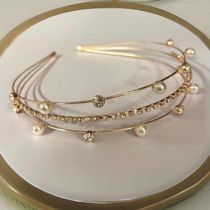 Three Strand Jeweled Headband Tiara | Party or Bridal Hair Accessory [Available in Gold or Silver]
