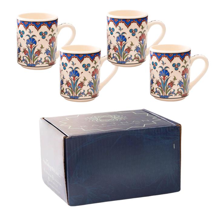 Boxed Gift Set of 4 Handmade Mugs - Turkish Flowers, Hand Painted