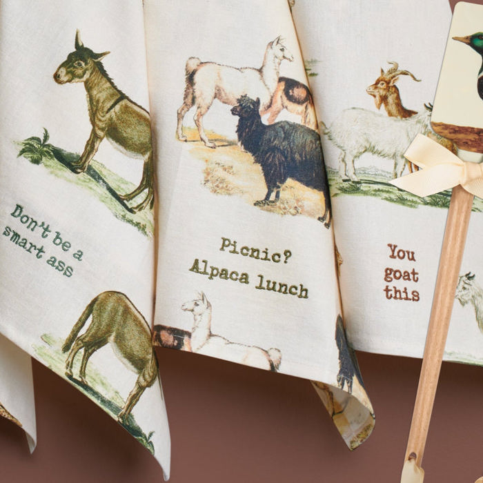 Animal Puns Embroidered Tea and Dish Towels | Linen Novelty Kitchen Towels