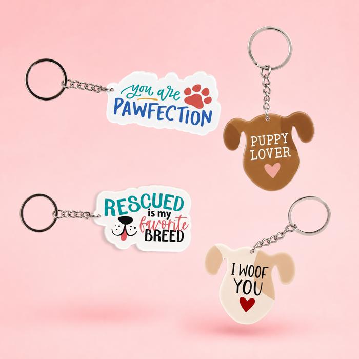 Dog and Cat Themed Acrylic Keychains | 5 Style Options | Rescue Is My Favorite Breed, I Woof You & Puppy Lover