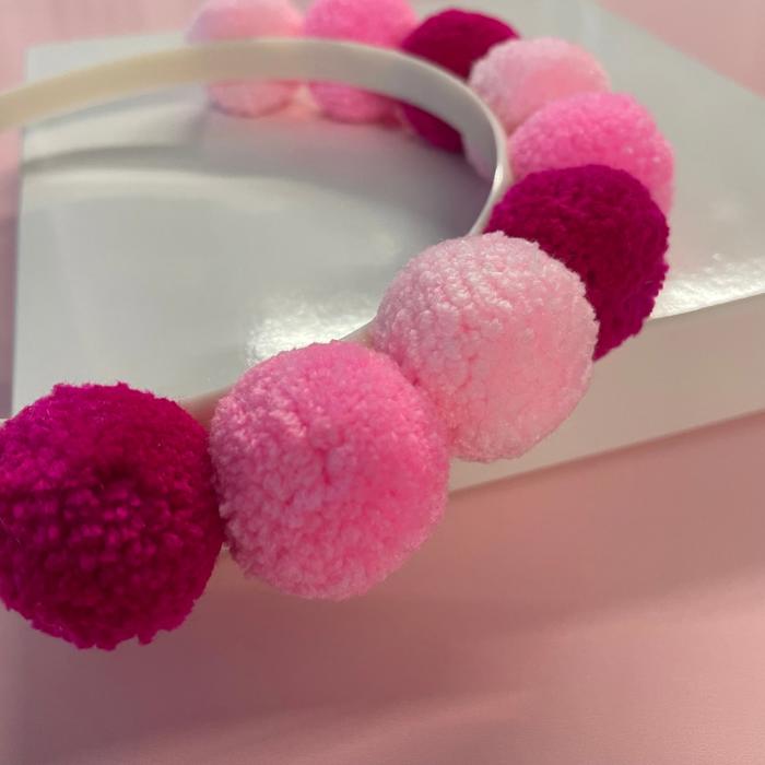 Birthday Pom Pom Headband in Red Light Dark Pink Fluffy Balls | Cute Party Hairband