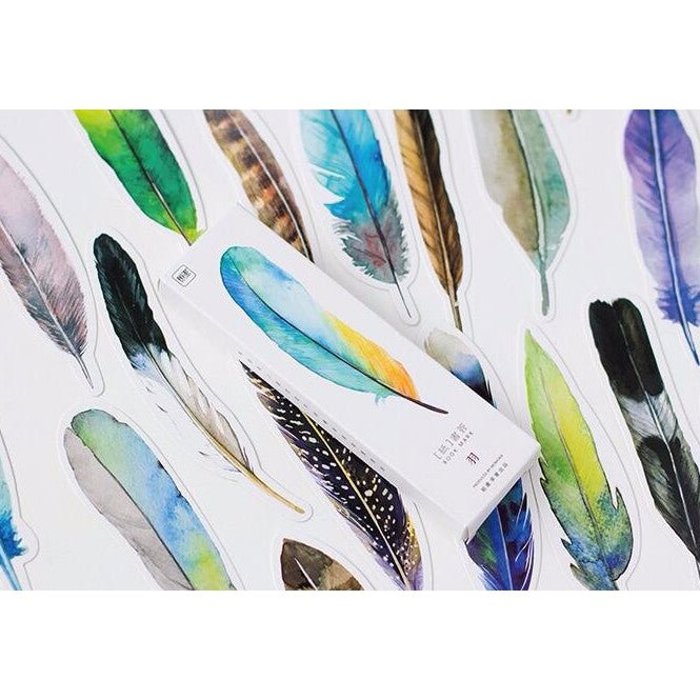 30-Pack of Watercolor-Style Feather Bookmarks