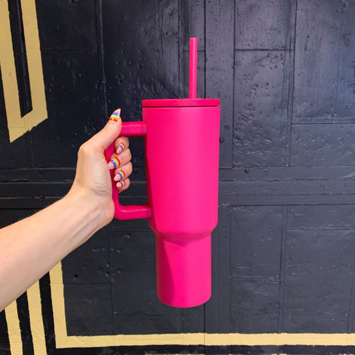40 oz Raspberry Monochrome Tumbler with Handle and Straw Lid | Cup Holder Friendly Insulated Stainless Steel Travel Mug