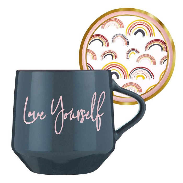 Love Yourself Mug & Coaster Lid with Rainbow Design | Pride LGBTQ