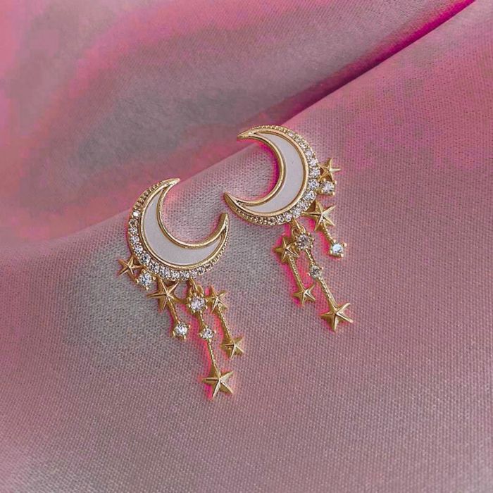 Witchy Moon Earrings | Gold Ivory Crescent and Star Drop Earrings