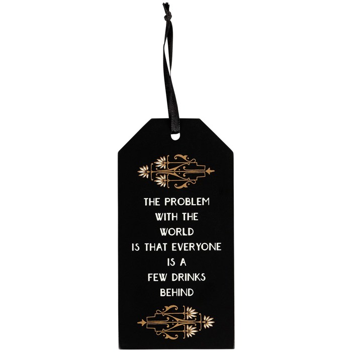 A Few Drinks Behind Wooden Bottle Tag in Black and Gold Art Deco | Wine Bottle Gift Tag