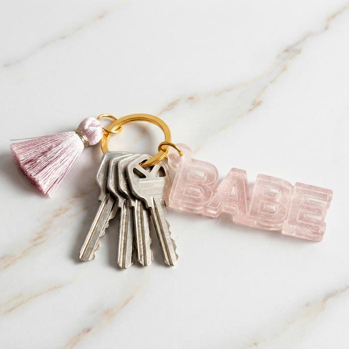 Babe Acrylic Keychain with Tassel | Cute Gold Tone Key Ring Gift Accessory