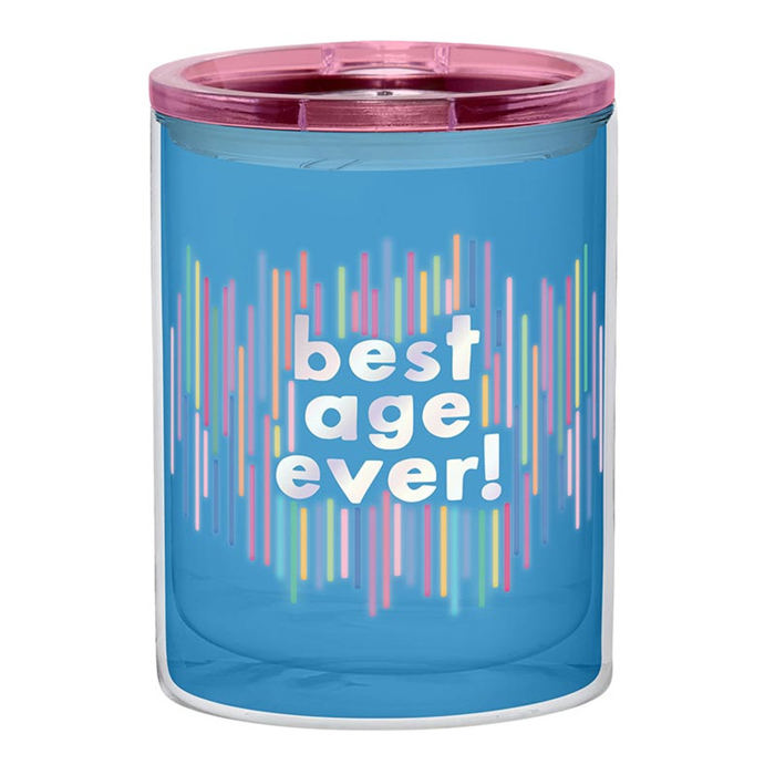Best Age Ever Birthday Double-Wall Short Tumbler in Blue  | Insulated Acrylic Travel Tumbler with Lid