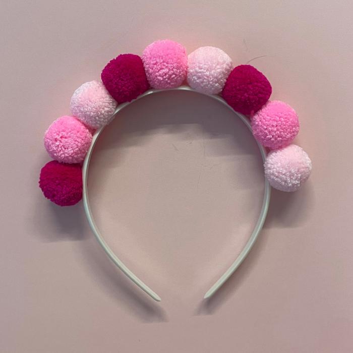 Birthday Pom Pom Headband in Red Light Dark Pink Fluffy Balls | Cute Party Hairband