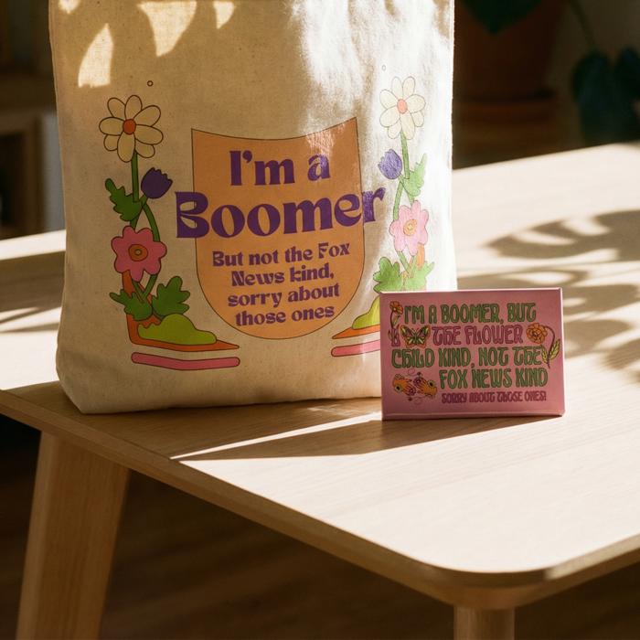 Boomer But Not the Fox News Kind Tote Bag and Magnet Bundle | Canvas Tote and Glossy Refrigerator Magnet