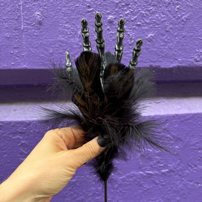 Burlesque Corpse Skeleton Hand Feather Floral Pick in Black | Halloween Theme Decor